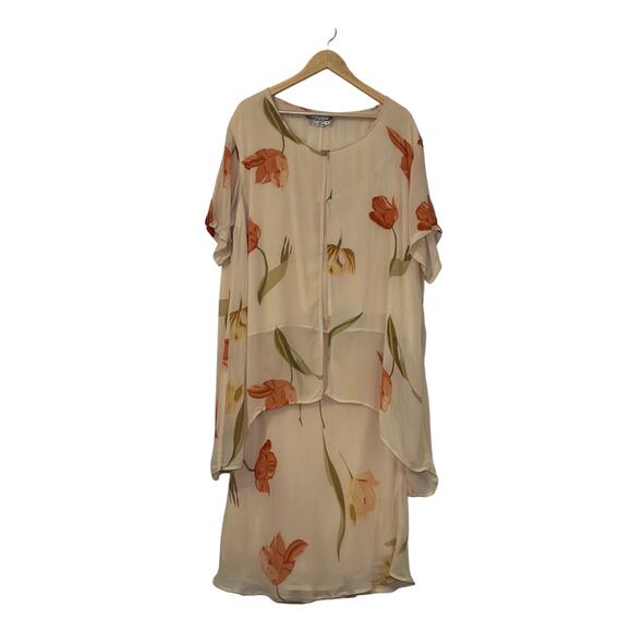 Vintage XL Beige 2 Piece Floral Chiffon Short Sleeve Midi Length Set by Maris L - Picture 1 of 13